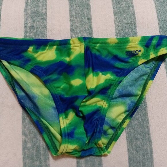 VINTAGE 1" SIDES SPEEDO SWIM BRIEF, SIZE 32", GREEN-BLUE-YELLOW (*) Pre-owned - Picture 1 of 7